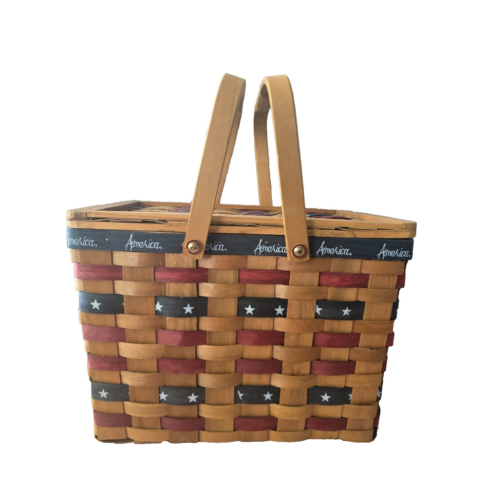 Americana Woven Picnic Basket Red & Blue Painted Stars